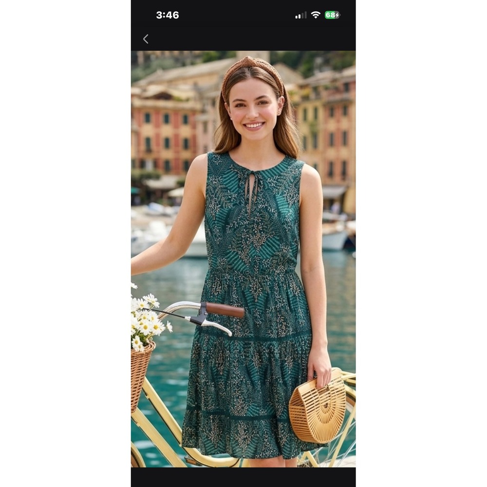 LC Lauren Conrad Green Fern Print Tiered Lace Trim Sleeveless Dress Large